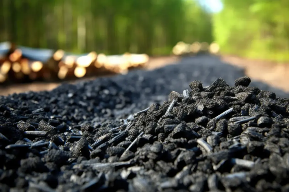 Biochar laid along a forest path